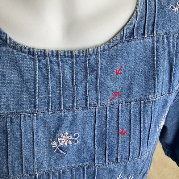 Denim Chambray Maxi Dress Flower Embroidery Pockets Vintage 90s Traditions - Picture 2 of 7